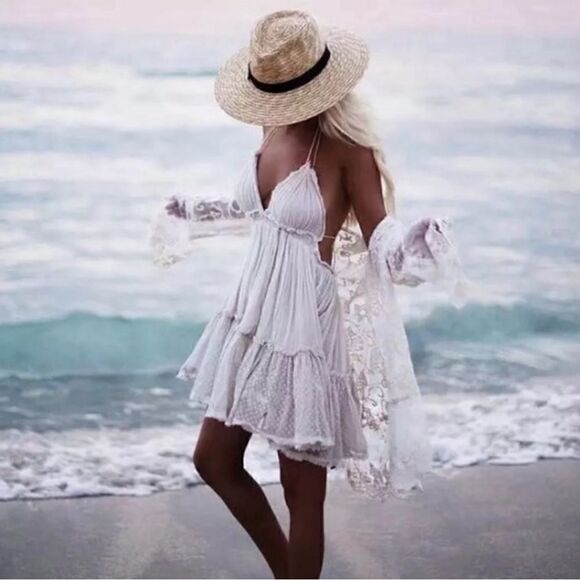 Free People 100 Degree Cream Dot Mini Halter Dress L - Picture 4 of 9